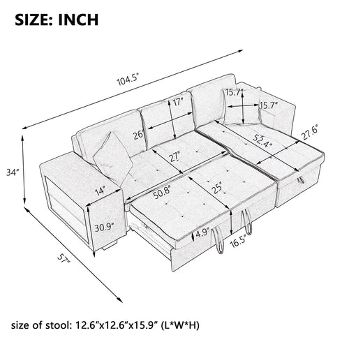 104" Reversible Sectional Couch with Pull Out Bed, L Shape Sleeper Sofa with Storage Chaise and 2 Stools L642